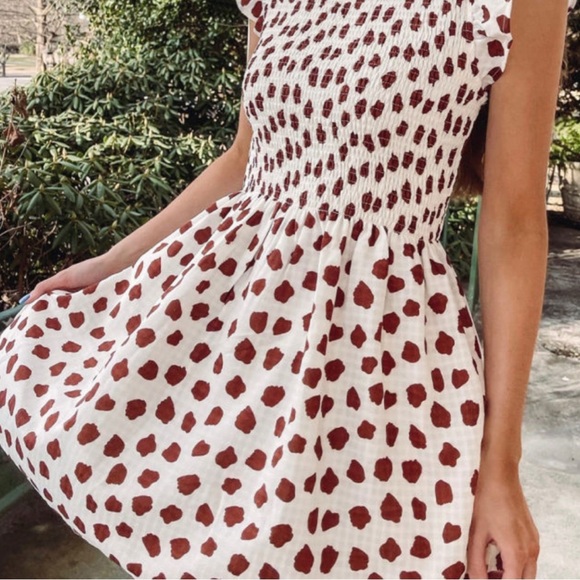 Brown Abstract Printed Flutter Sleeve Smocked Bodice Mini Dress - Picture 4 of 9